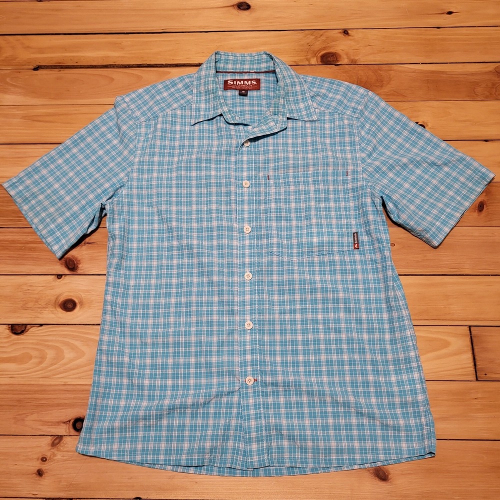 Simms Fishing Shirt Mens Small Blue Plaid Button Up Lightweight Outdoor Hiking